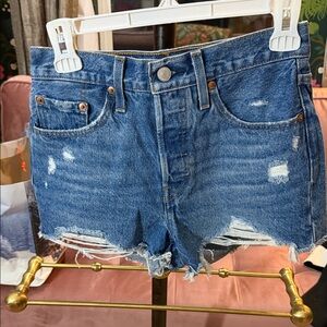 Levi's 501 Blue Distressed Jean button fly Shorts- never worn - size 25